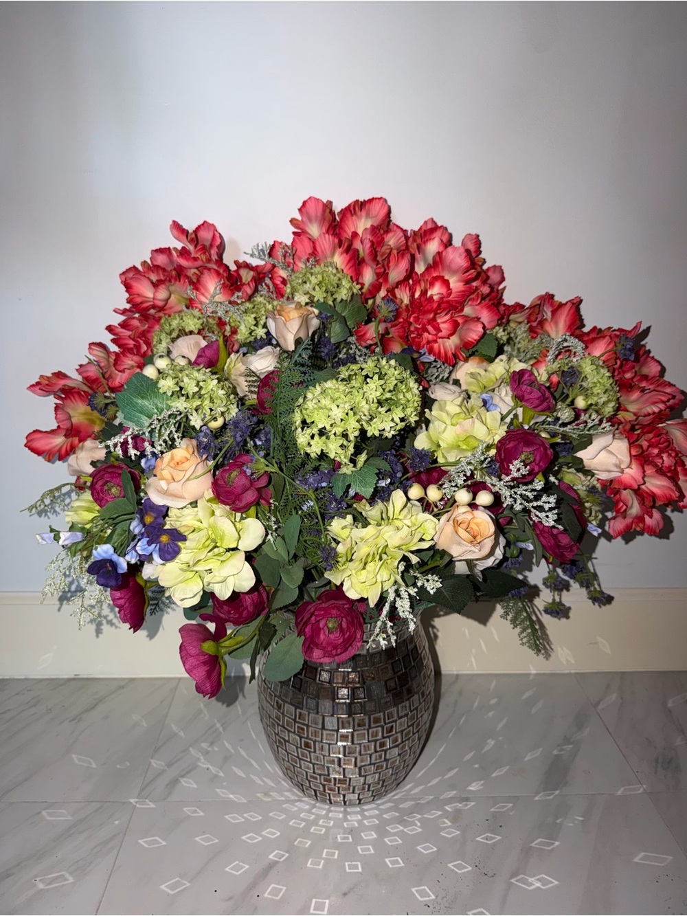 Large Faux Floral Arrangement in Mosaic Vase 29.5” x 31.5”